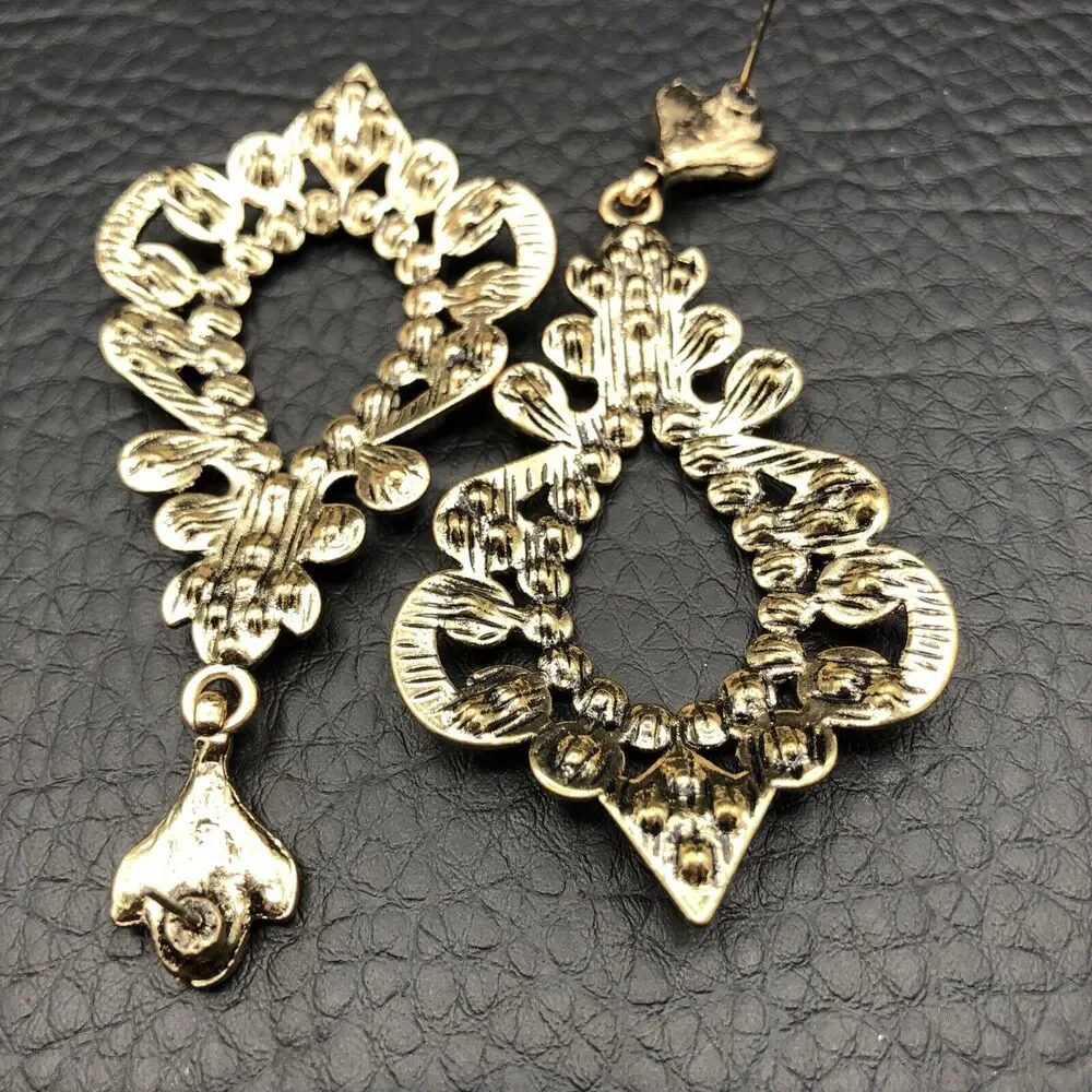 Vintage Rhinestone Earrings Faux Citrine Antiqued Gold Tone Mughal Chandelier‎